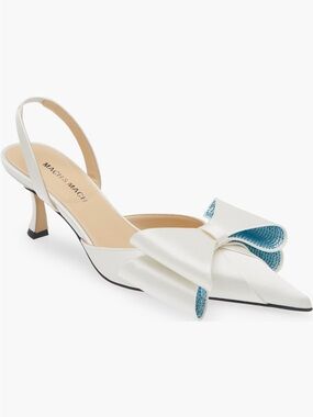 MACH & MACH White Slingback Pointed Toe Pump with Blue Bow Accent